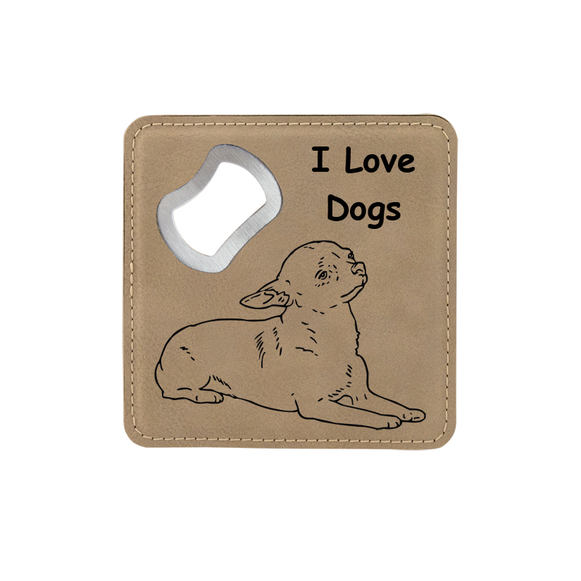 Leatherette bottle opener coaster with the custom engraved dog design 4 of your choice and personalized text. Dog Bottle Opener Coaster