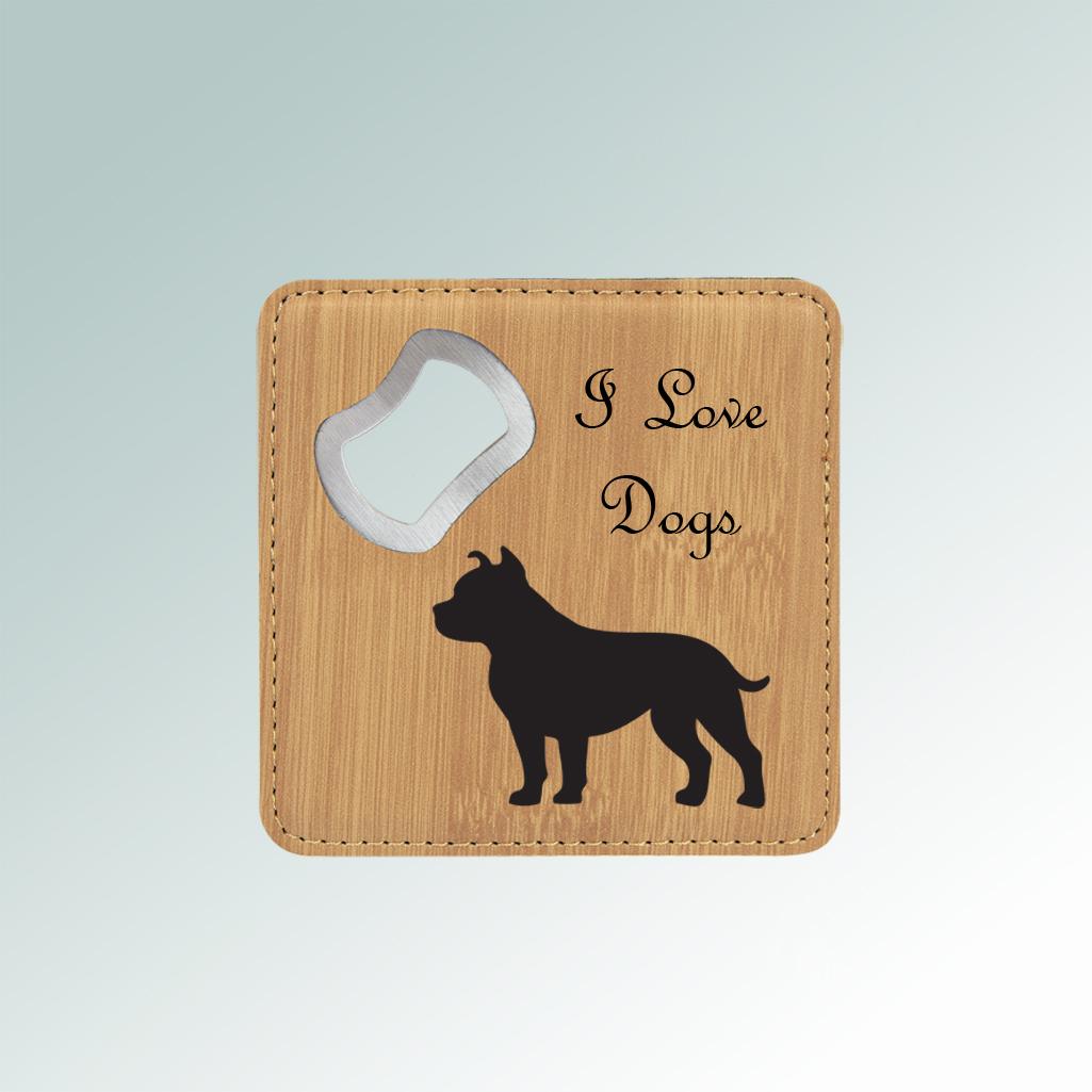 Leatherette dog breed bottle opener coaster with the custom engraved dog breed design of your choice and personalized text. 100+ dog breeds to choose from.