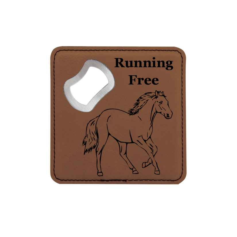 Leatherette bottle opener coaster with the custom engraved horse design of your choice and personalized text. Horse Bottle Opener Coaster