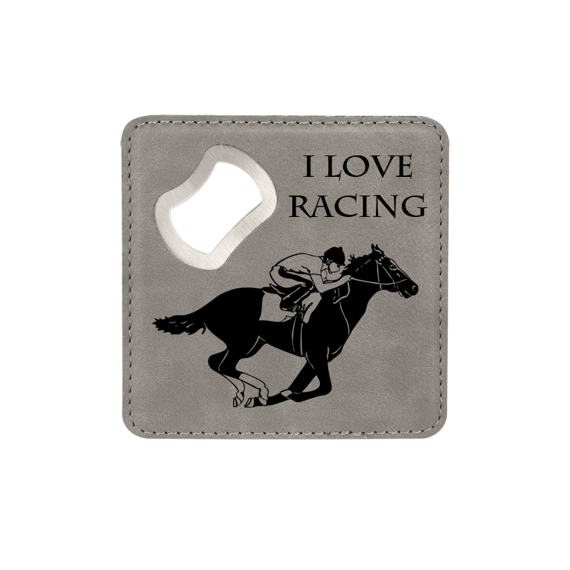 Bottle opener coaster made out of leatherette comes with personalized text and the horse design 2 of your choice. Equestrian Gift