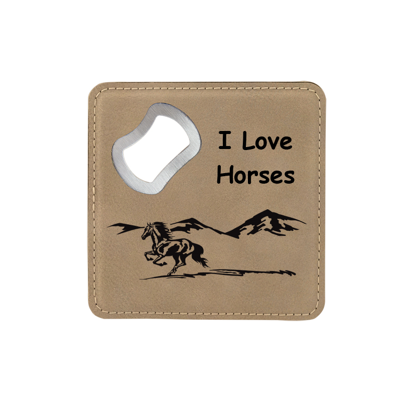 Leatherette bottle opener coaster with the custom engraved horse design 3 of your choice and personalized text. Horse Bottle Opener Coaster