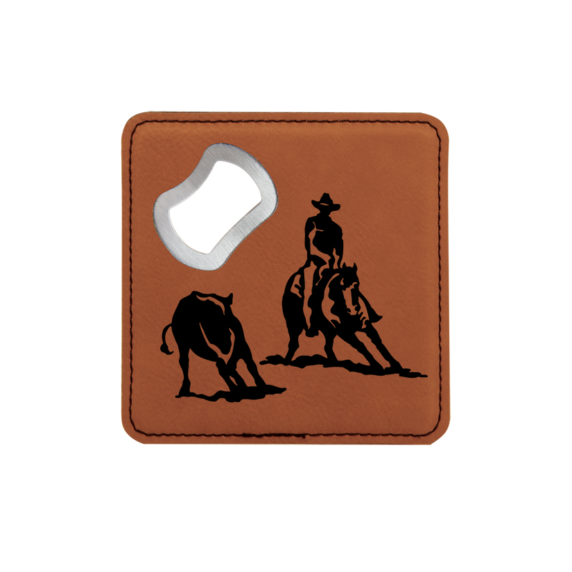Bottle opener coaster made out of leatherette comes with personalized text and the rodeo design of your choice. Rodeo Bottle Opener Coaster