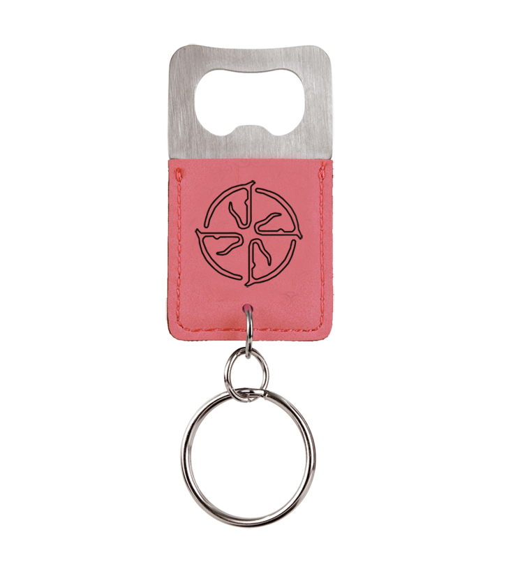 Custom engraved leatherette bottle opener key chain with personalized engraved text and custom horse breed logo.