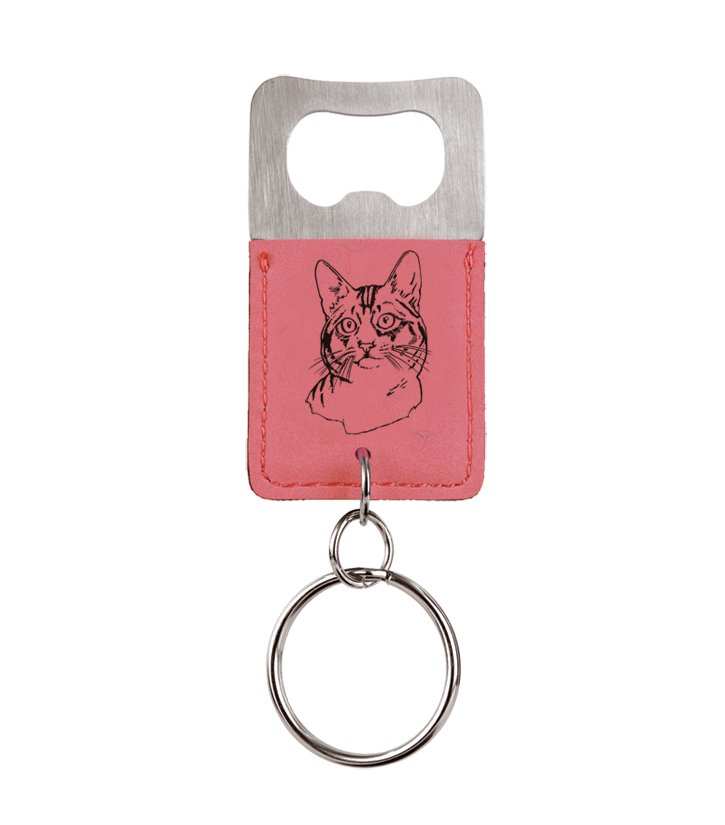 Personalized engraved leatherette bottle opener key chain with the cat design and custom engraved text of your choice. Cat Bottle Opener Key Chain