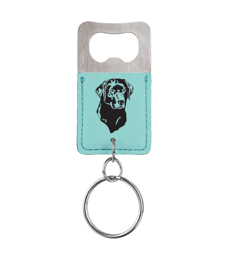 Personalized engraved leatherette bottle opener key chain with the dog design 3 and custom engraved text of your choice. Dog Lover Gift