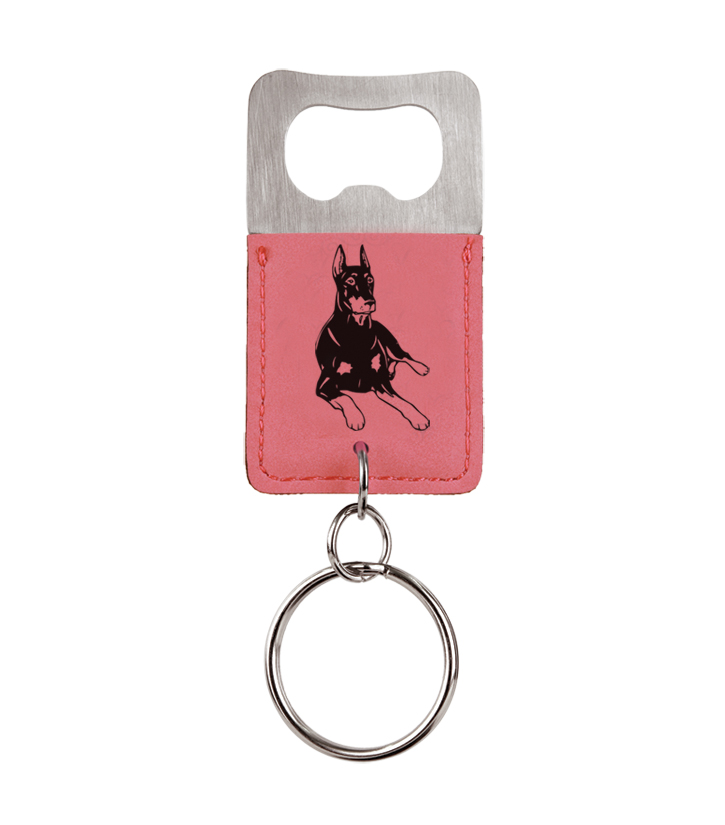 Personalized engraved leatherette bottle opener key chain with the Doberman dog design and custom engraved text of your choice.