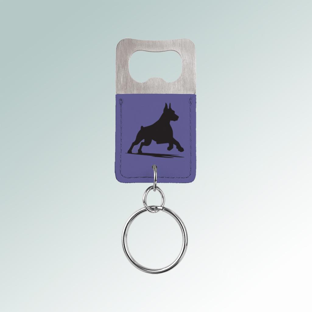 Personalized leatherette bottle opener doberman key chain with the doberman design and engraved text of your choice. 25+ Doberman designs to choose from.