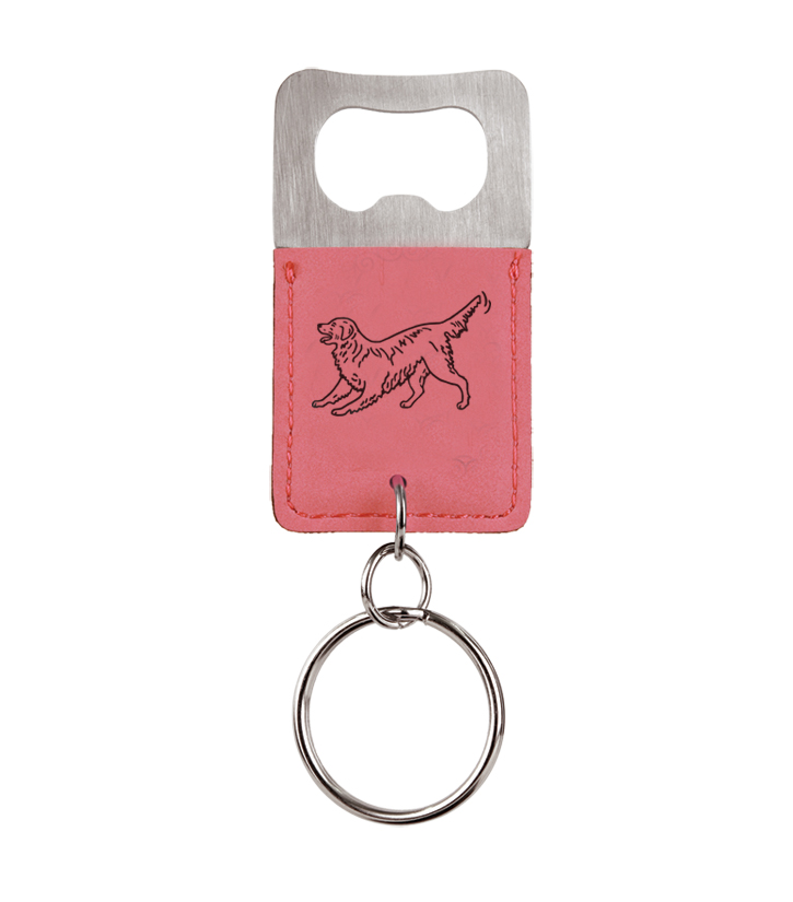 Custom engraved leatherette bottle opener key chain with personalized engraved text and custom Golden Retriever dog design.