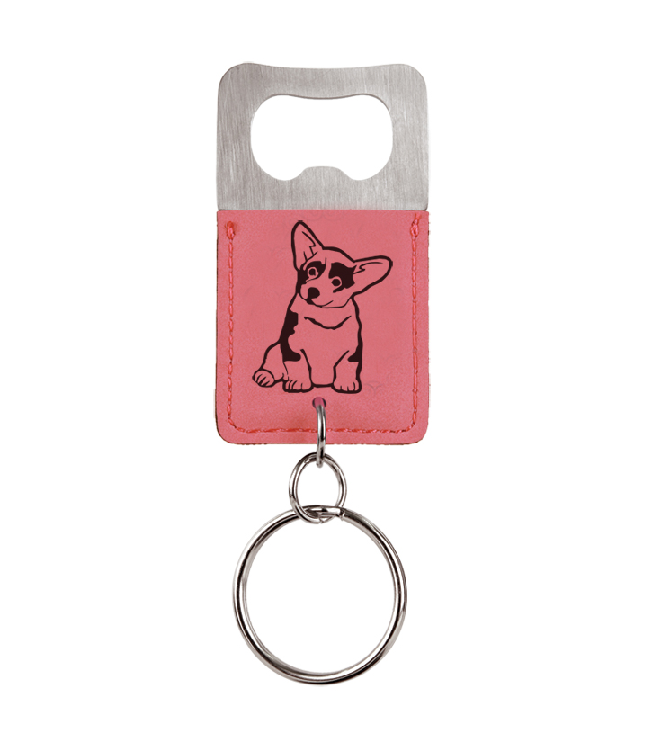 Personalized engraved leatherette bottle opener key chain with the Welsh Corgi design and custom engraved text of your choice.