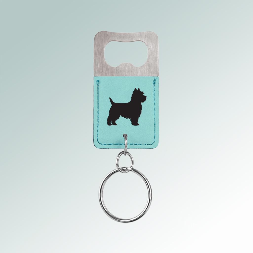 Personalized engraved leatherette bottle opener key chain with the dog breed design and custom engraved text of your choice. 100+ dog breeds to choose from.
