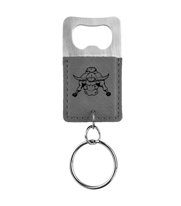 Custom engraved leatherette bottle opener key chain with personalized engraved text and customfarm animal design.