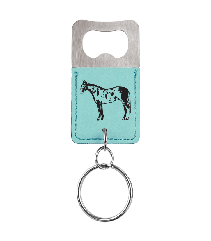 Personalized engraved leatherette bottle opener key chain with the horse design and custom engraved text of your choice. Equestrian Key Chain