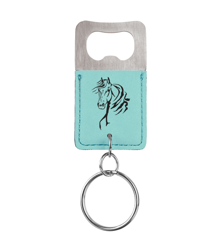 Personalized engraved leatherette bottle opener key chain with the horse design 2 and custom engraved text of your choice. Horse Key Chain