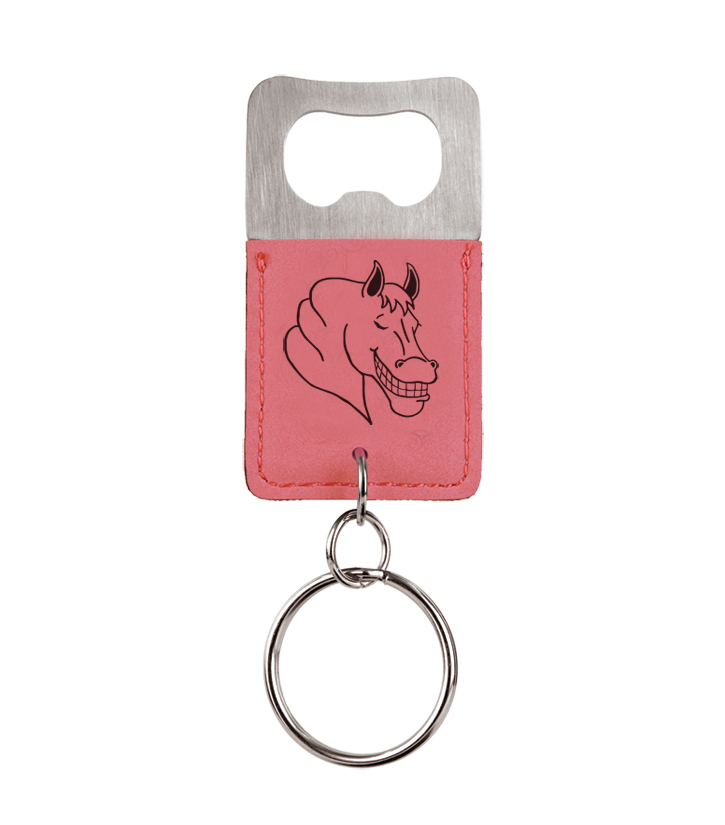 Personalized engraved leatherette bottle opener key chain with the horse design 3 and custom engraved text of your choice. Equestrian Key Chain