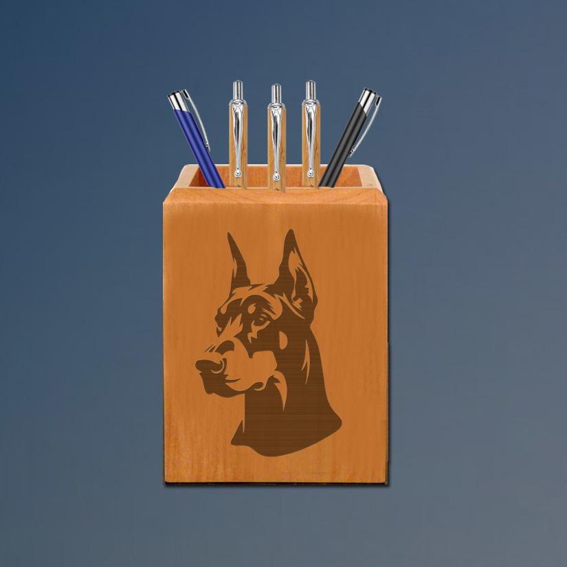 Personalized maple doberman pen holder with your choice of doberman design and engraved text. 25+ Doberman designs to choose from.