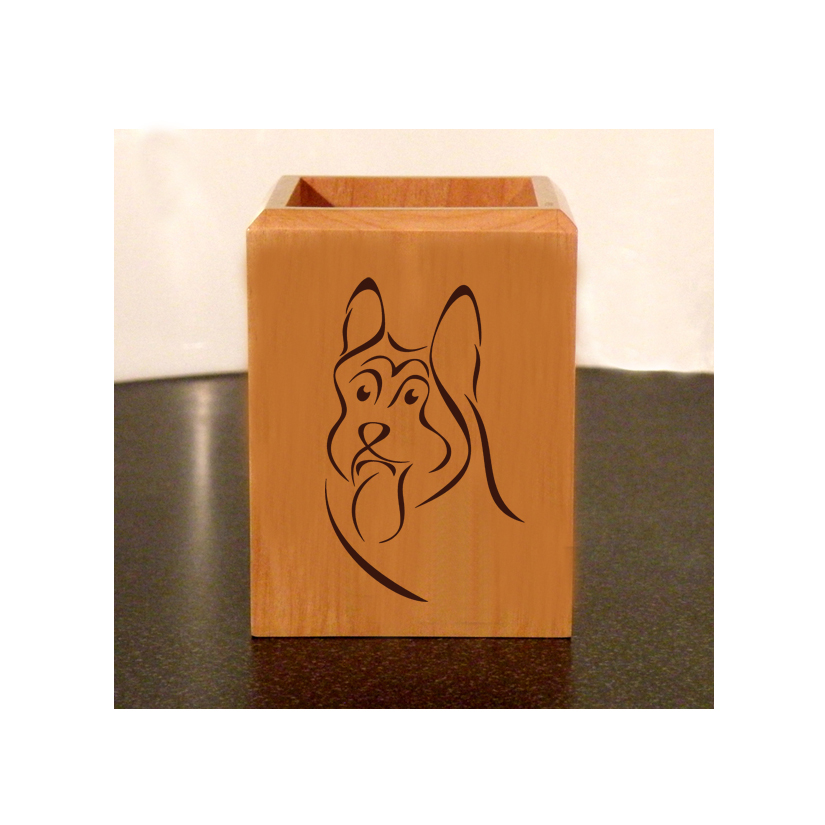 Personalized maple wood pen holder with custom engraved dog design and engraved text.