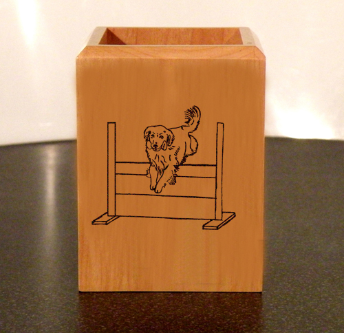 Personalized maple wood pen holder with custom engraved Golden Retriever dog design and engraved text.