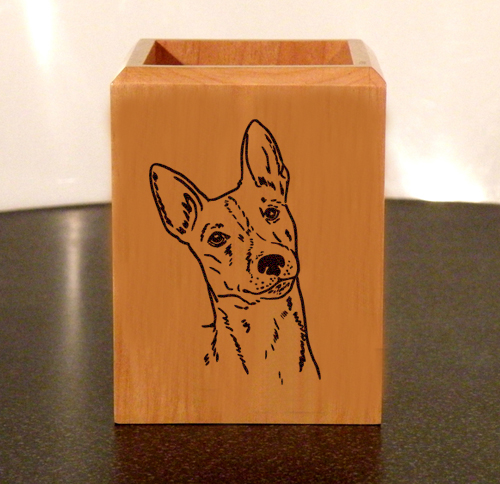 Personalized maple wood pen holder with custom engraved hound dog design and engraved text.