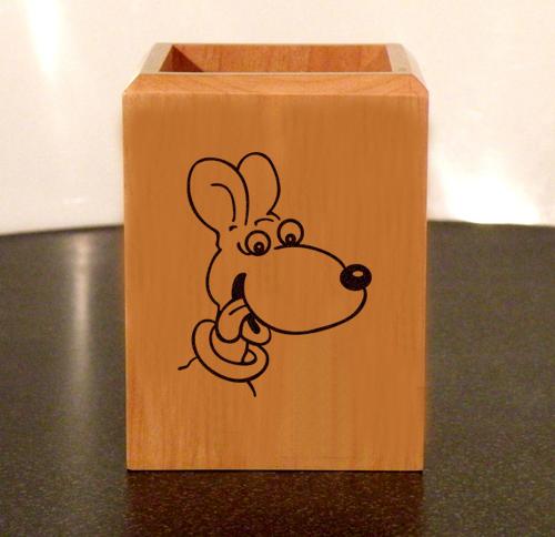 Custom engraved maple wood pen holder with laser engraved dog design 1 and personalized text of your choice. Dog Pen Holder