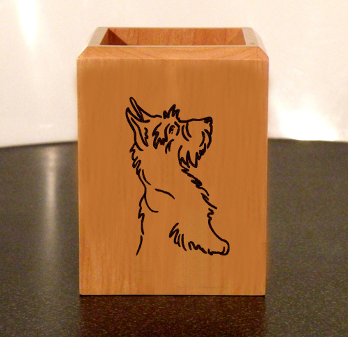 Custom engraved maple wood pen holder with laser engraved dog design 3 and personalized text of your choice. Dog Pen Holder