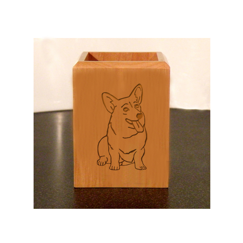Personalized maple wood pen holder with custom engraved Welsh Corgi dog design and engraved text.