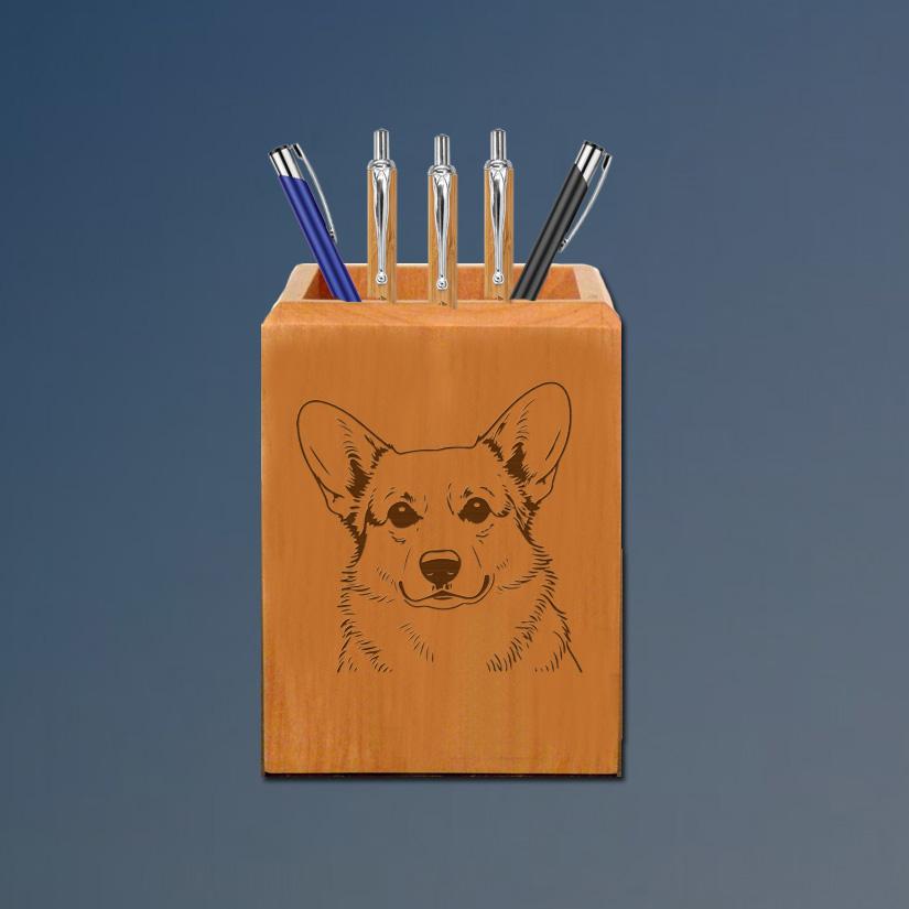 Engraved maple corgi pen holder with your choice corgi design and personalized text. 100+ corgi designs to choose from.