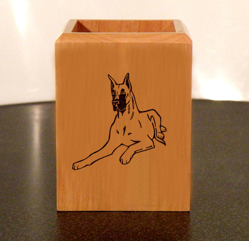 Personalized maple wood pen holder with custom engraved dog design 4 and engraved text. Dog Pen Holder