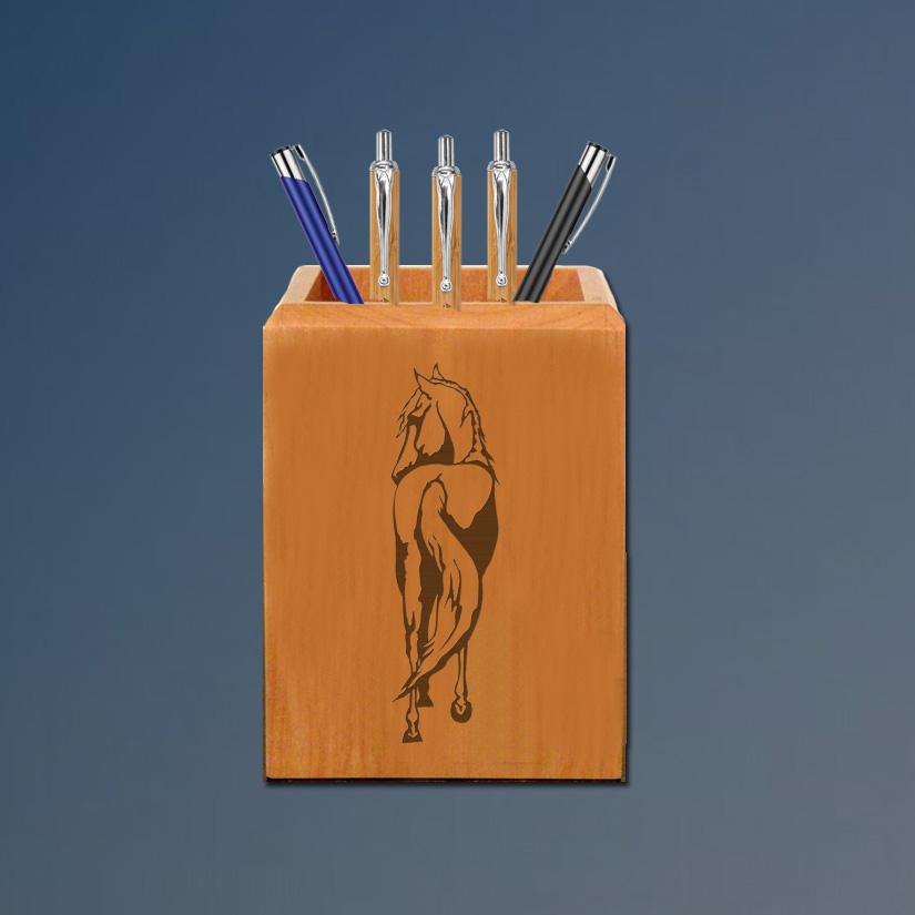 Personalized maple horse pen holder with your choice of horse design and engraved text. 145+ horse designs to choose from.