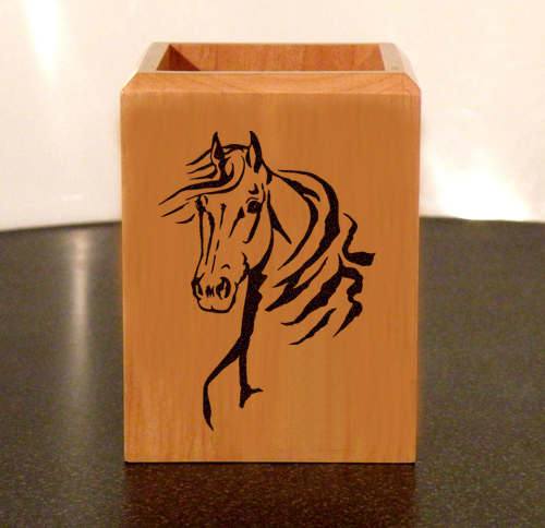 Personalized maple wood pen holder with custom engraved horse design 2 and engraved text.
