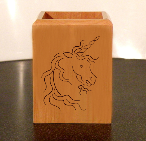 Personalized maple wood pen holder with custom engraved horse design 3 and engraved text.
