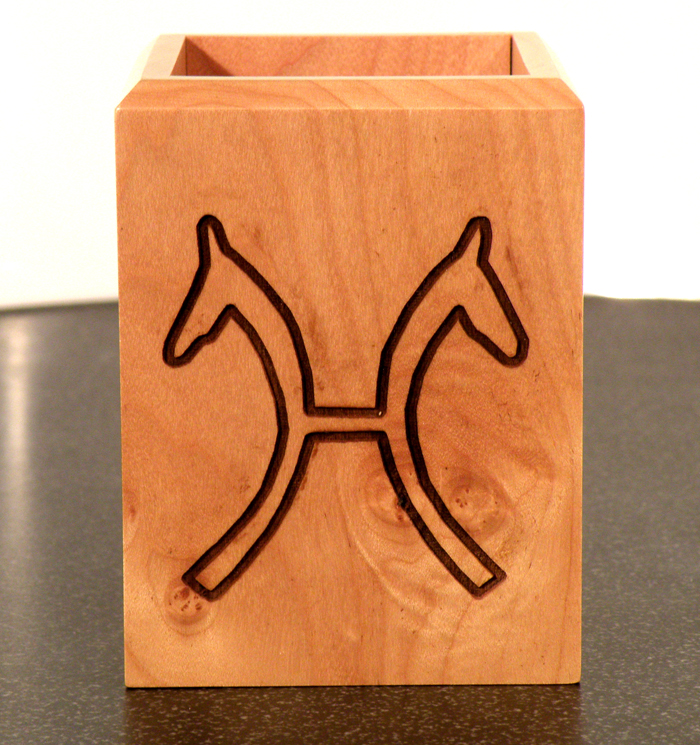 Personalized maple wood pen holder with custom engraved horse breed logo and engraved text. Equestrian Pen Holder