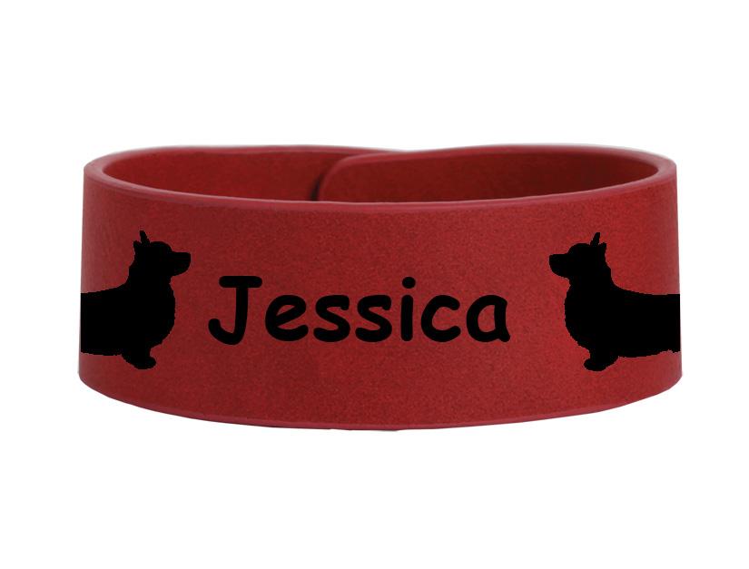 Custom engraved leatherette bracelet with you choice of Corgi design and personalized text. Corgi Bracelet