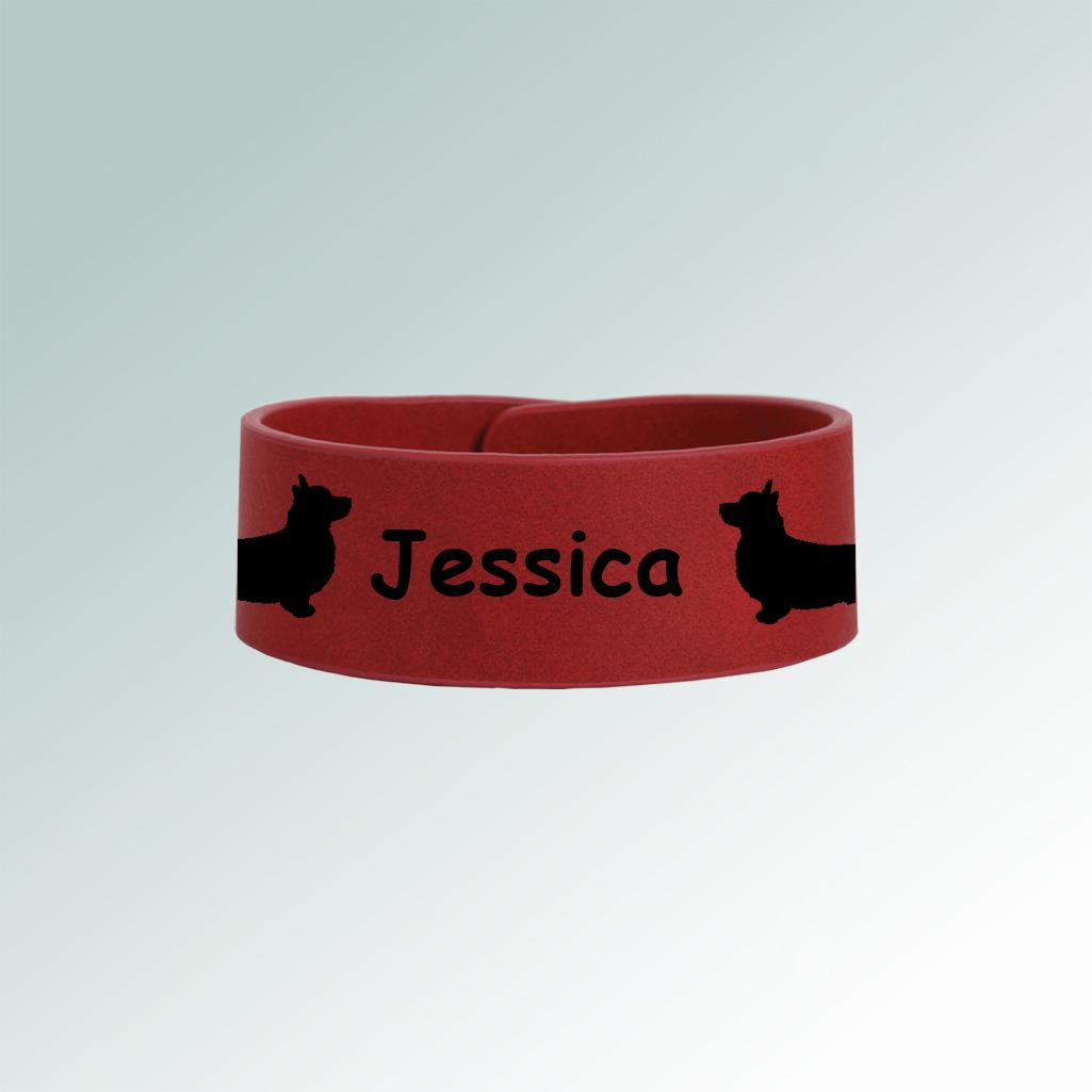 Custom engraved leatherette corgi bracelet with you choice of corgi design and personalized text.