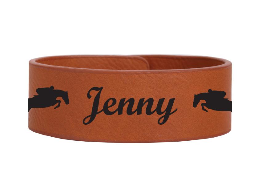 Custom engraved leatherette bracelet with you choice of horse silhouette and personalized text. Horse Bracelet