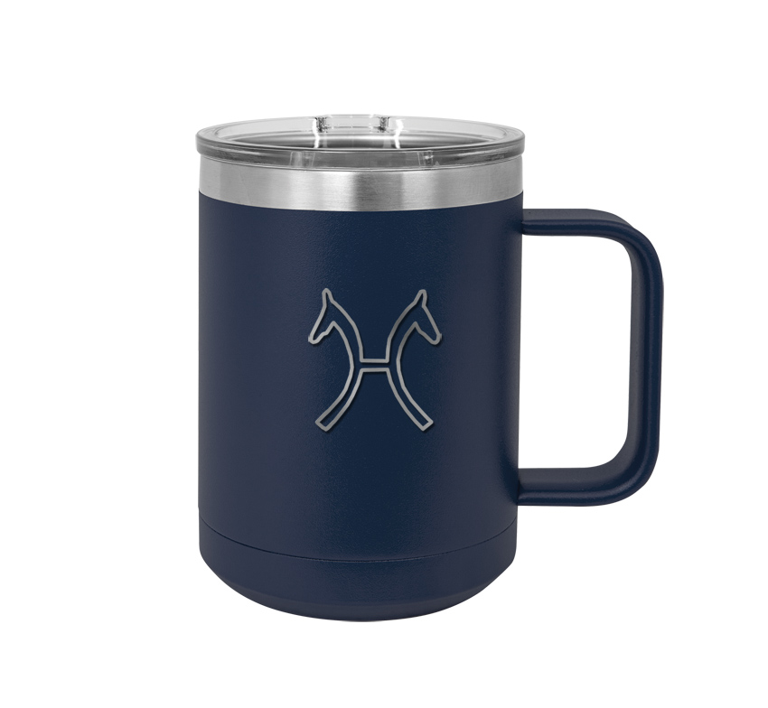 Personalized Polar Camel vacuum insulated coffee (tea) mug with a clear slider lid and horse breed logo of your choice.