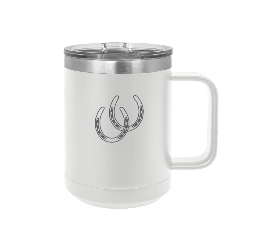 Stainless steel insulated mug with personalized engraved text and horse design.