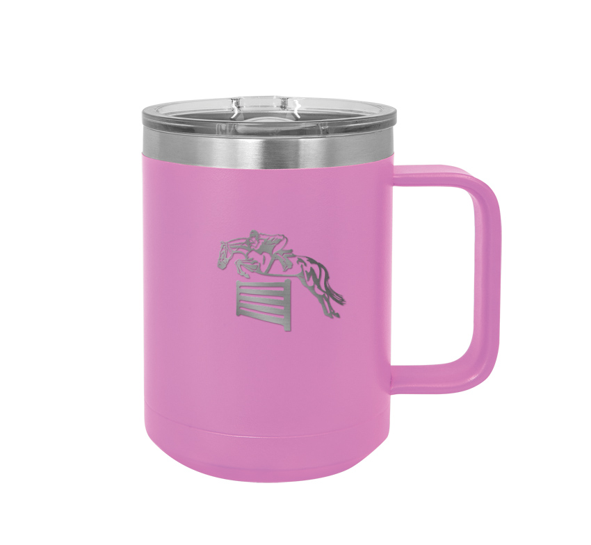 Stainless steel insulated mug with personalized engraved text and horse design 2. Horse Mug Equestrian Gift