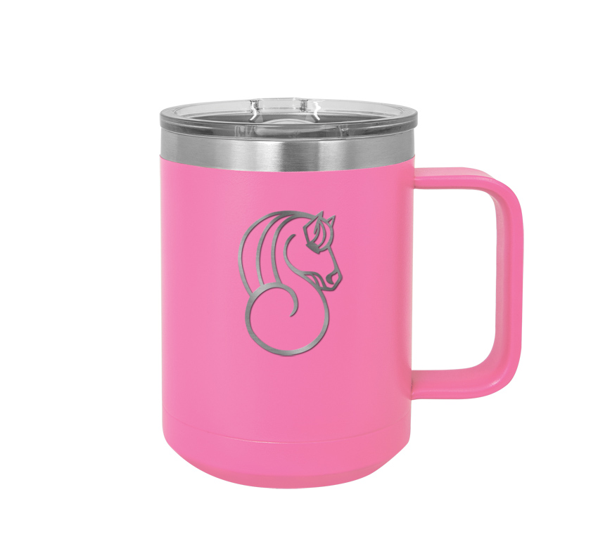 Personalized Polar Camel vacuum insulated coffee (tea) mug with a clear slider lid and horse design of your choice.