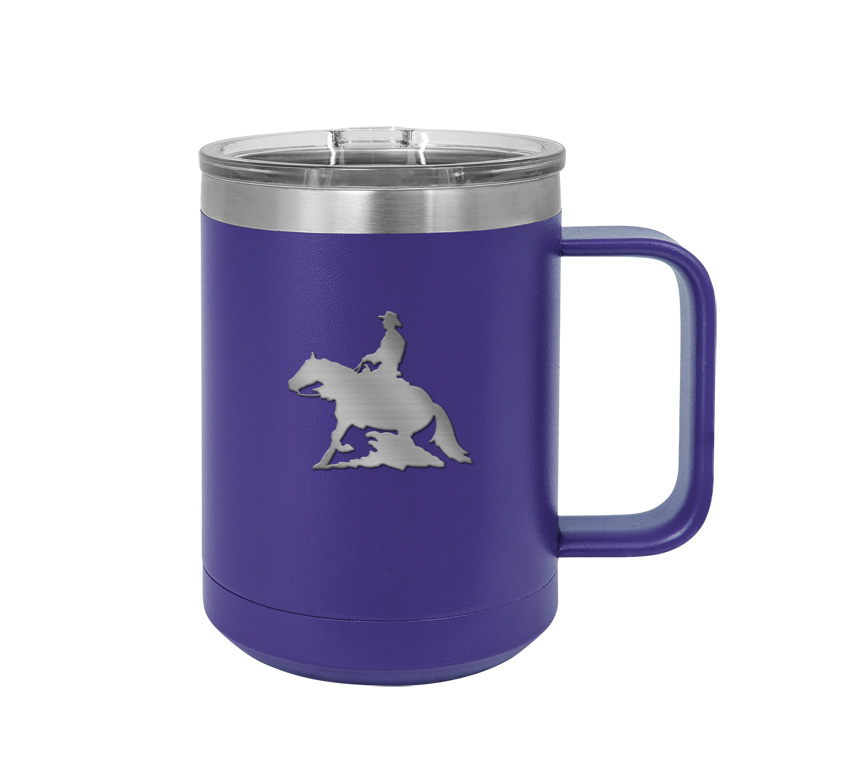 Stainless steel insulated mug with personalized engraved text and rodeo design. Equestrian Gift