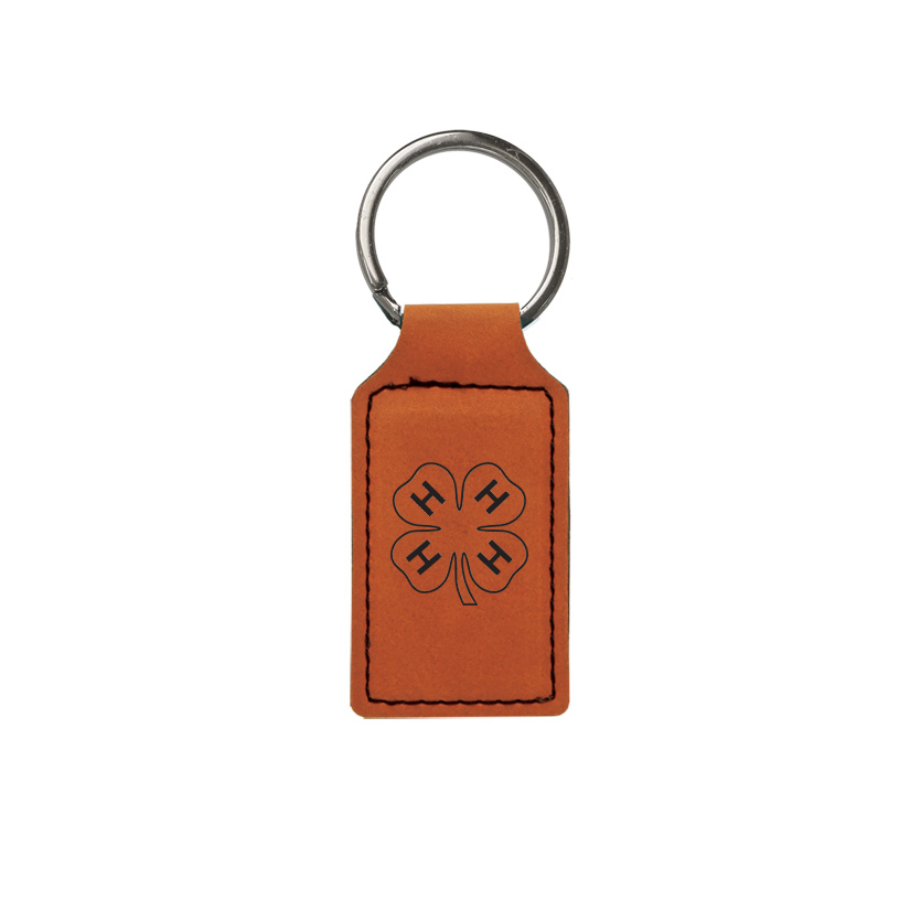 Custom engraved leatherette keychain with your choice of 4-H logo and personalized text. 4-H Key Chain