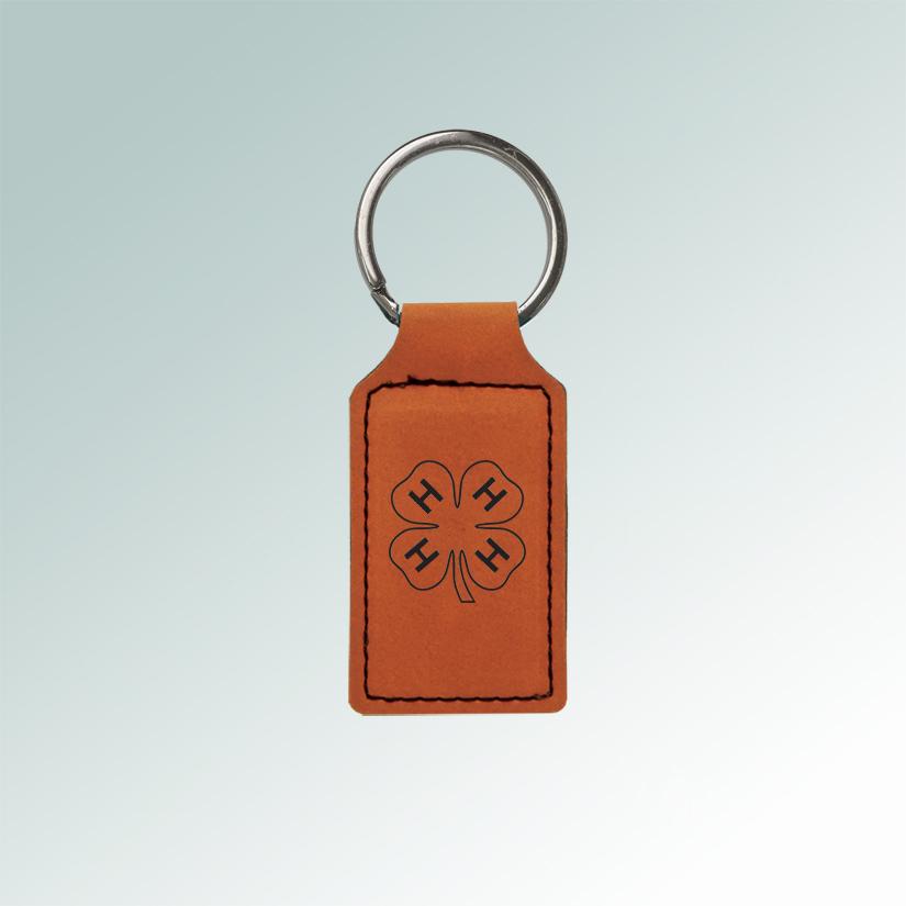 Custom engraved leatherette 4-H keychain with your choice of 4-H logo and personalized text.