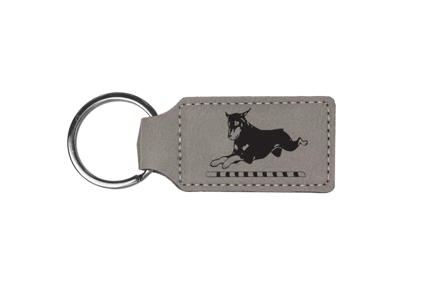 Personalized leatherette key chain with your choice of engraved Doberman design and text. Doberman Key Chain