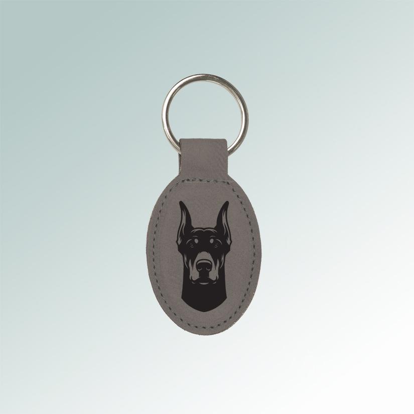 Personalized leatherette key chain with your choice of engraved Doberman design and text. Doberman Key Chain