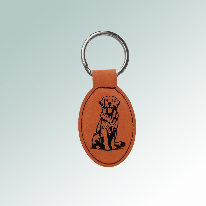 Custom engraved leatherette keychain with your choice of Golden Retriever design and personalized text. Golden Retriever Key Chain