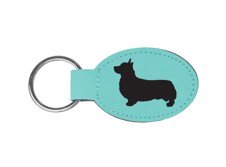 Custom engraved leatherette keychain with your choice of corgi design and personalized text. Corgi Key Chain