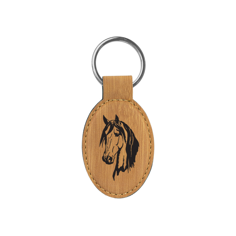 Personalized leatherette key chain with your choice of engraved horse design 2 and text. Equestrian Key Chain