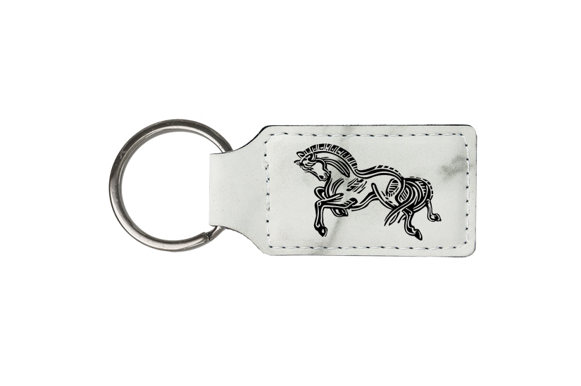 Custom engraved leatherette keychain with your choice of horse design 3 and personalized text. Horse Key Chain