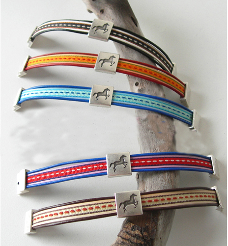 Antique silver sliding horse charm on a colorful bracelet makes a great horse jewelry gift.