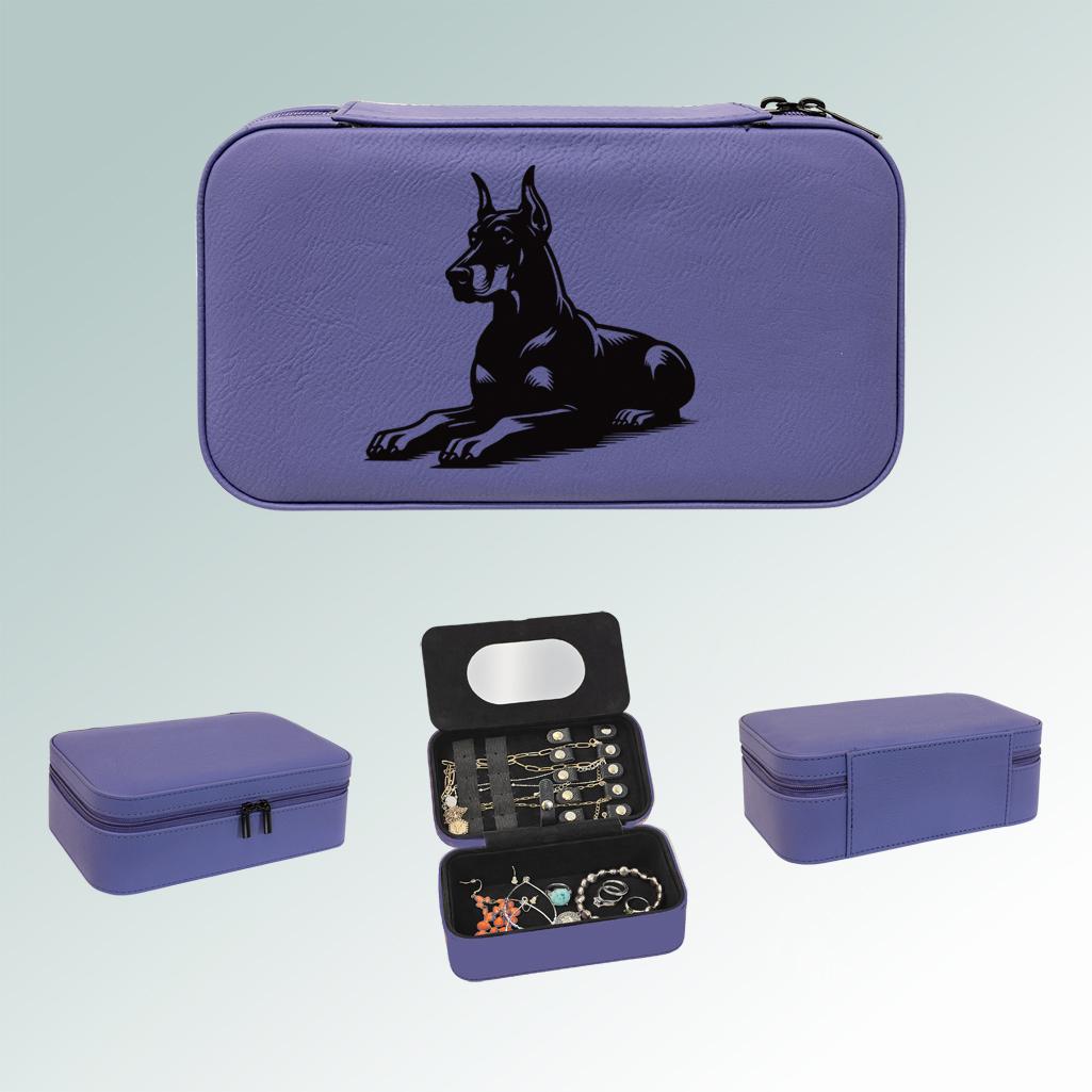 Leatherette doberman jewelry box with your choice of doberman design and personalized engraved text. 25+ Doberman designs to choose from.