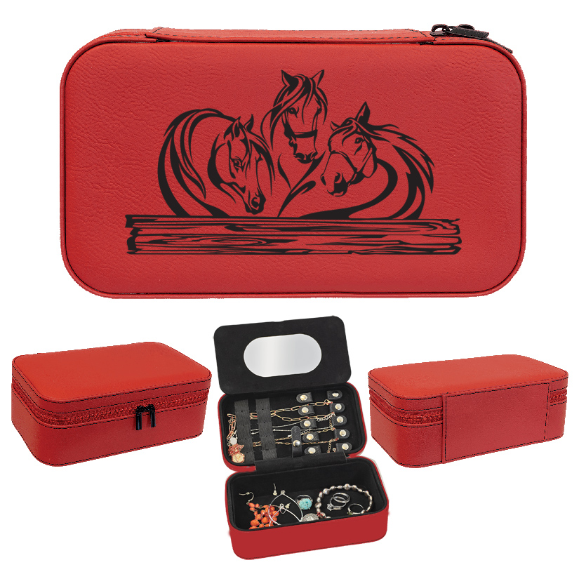 Leatherette jewelry box with your choice of horse design and personalized engraved text. Horse Jewelry Box